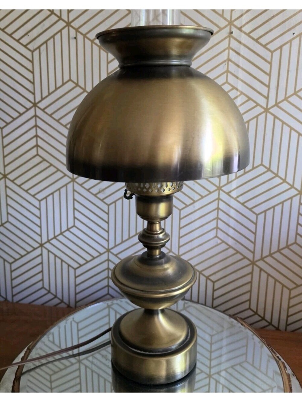 Vintage 3Pc Antiqued Brass Hurricane Parlor Table Lamp Glass Chimney- 3 Way GWTW